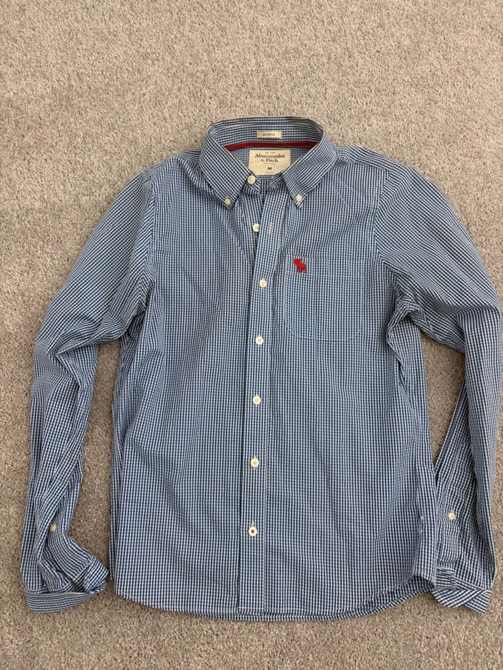 Abercrombie & Fitch Men's Blue Micro-Gingham Button-Down Shirt with Red Logo